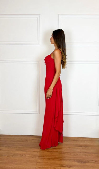 Long Dress Red Size M Crepe Fabric 1