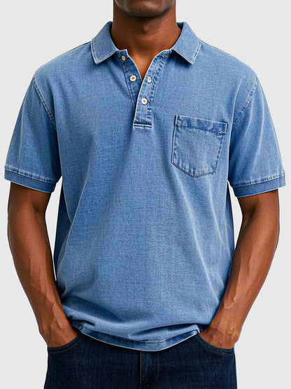 Men's Cotton-Denim Polo Shirt | Short Sleeve Casual Wear 0