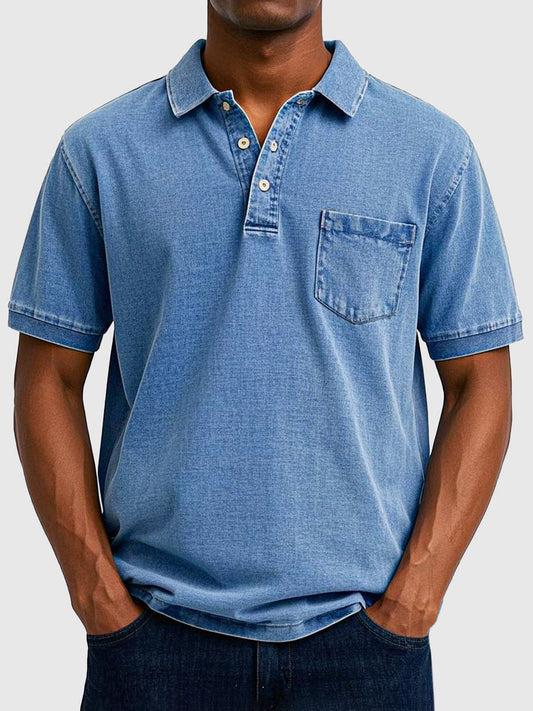 Men's Cotton-Denim Polo Shirt | Short Sleeve Casual Wear 0