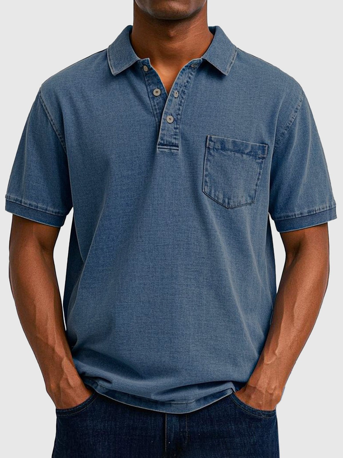 Men's Cotton-Denim Polo Shirt | Short Sleeve Casual Wear 4