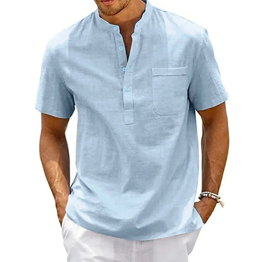Men's Cotton Linen Henley Shirt | Casual Short Sleeve Tee 0