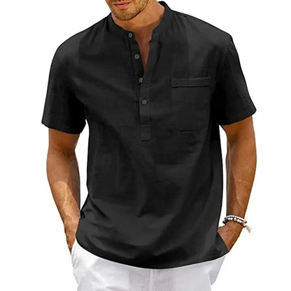Men's Cotton Linen Henley Shirt | Casual Short Sleeve Tee 1