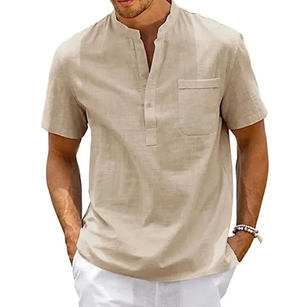 Men's Cotton Linen Henley Shirt | Casual Short Sleeve Tee 2
