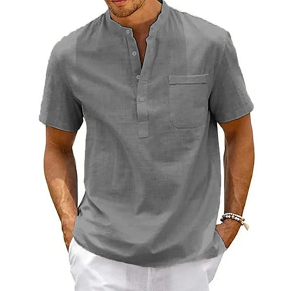 Men's Cotton Linen Henley Shirt | Casual Short Sleeve Tee 3