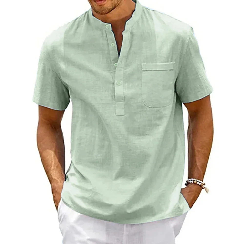 Men's Cotton Linen Henley Shirt | Casual Short Sleeve Tee 4