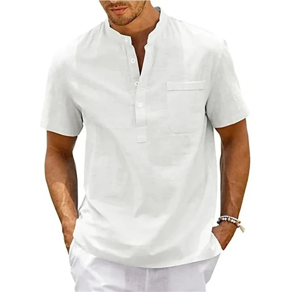 Men's Cotton Linen Henley Shirt | Casual Short Sleeve Tee 6