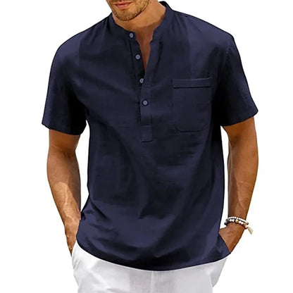 Men's Cotton Linen Henley Shirt | Casual Short Sleeve Tee 7