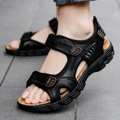 Men's Leather Sandal | Adjustable Velcro Comfort Footwear 0