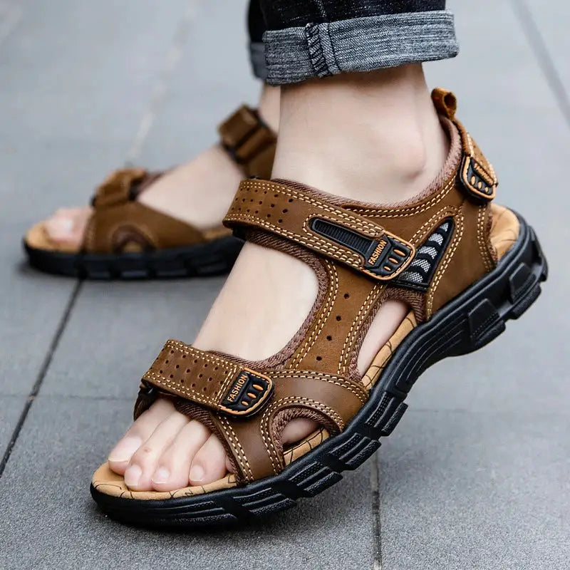 Men's Leather Sandal | Adjustable Velcro Comfort Footwear 2