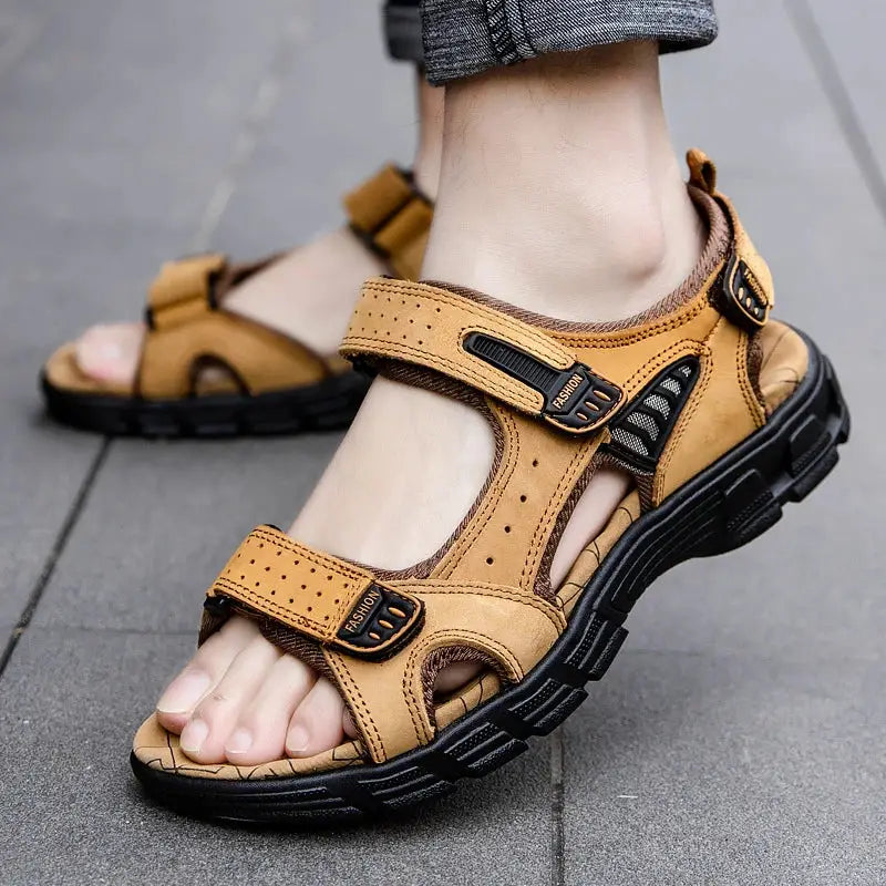 Men's Leather Sandal | Adjustable Velcro Comfort Footwear 3