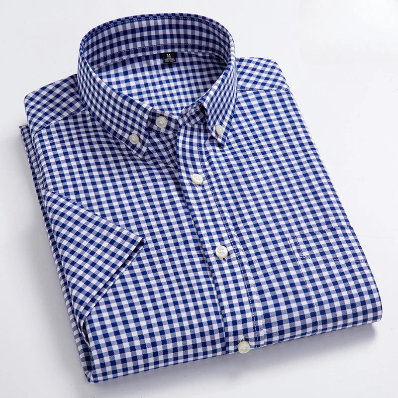 Men's Slim Fit Plaid Shirt | Short Sleeve Blue Size M Cotton 1