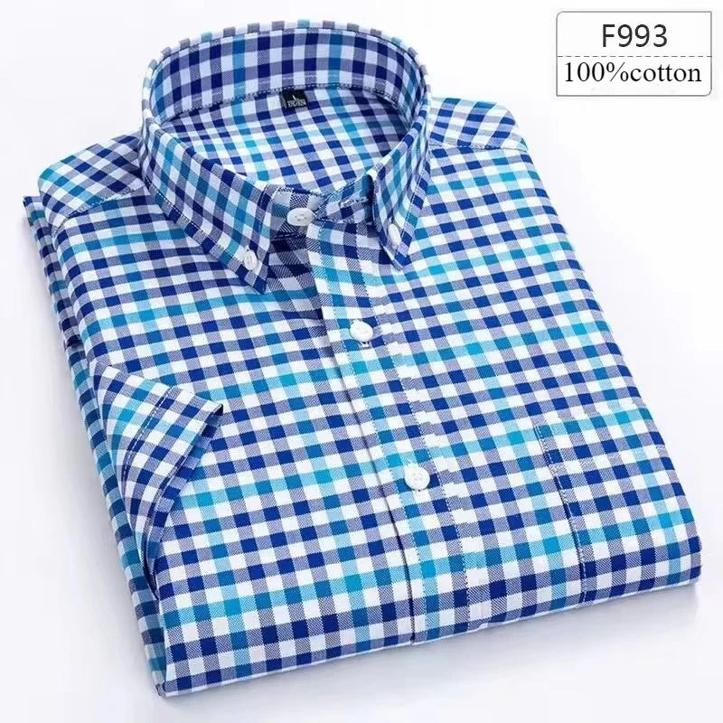 Men's Slim Fit Plaid Shirt | Short Sleeve Blue Size M Cotton 10