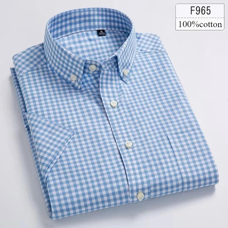 Men's Slim Fit Plaid Shirt | Short Sleeve Blue Size M Cotton 13