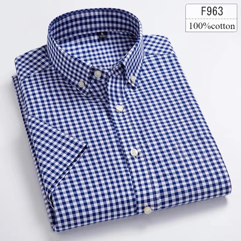 Men's Slim Fit Plaid Shirt | Short Sleeve Blue Size M Cotton 14
