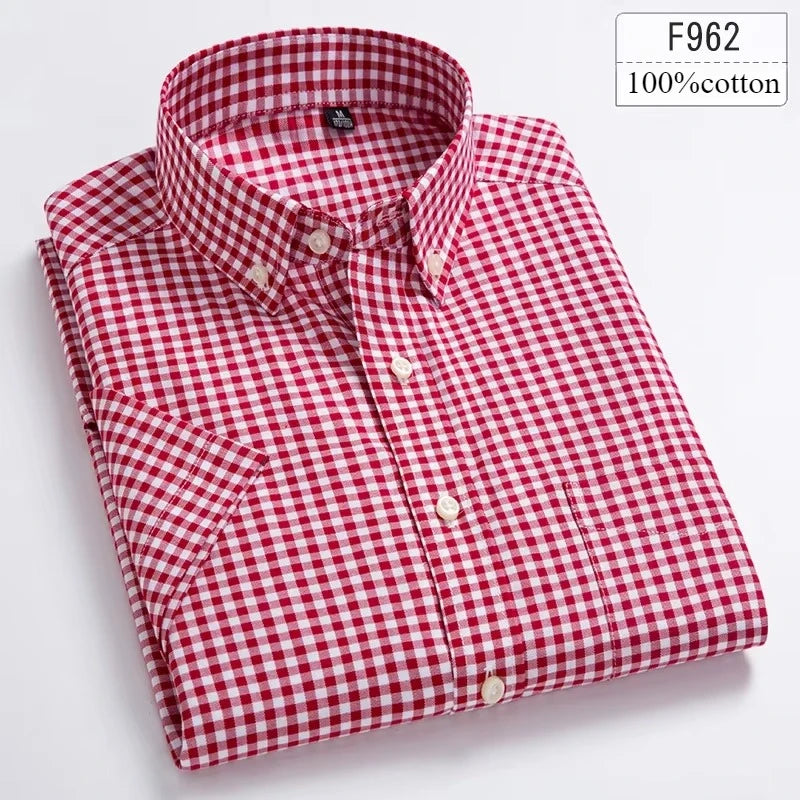 Men's Slim Fit Plaid Shirt | Short Sleeve Blue Size M Cotton 15
