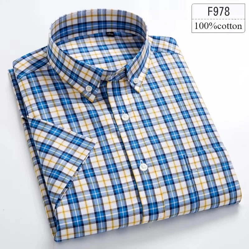 Men's Slim Fit Plaid Shirt | Short Sleeve Blue Size M Cotton 18