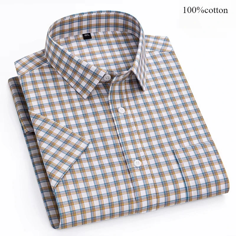 Men's Slim Fit Plaid Shirt | Short Sleeve Blue Size M Cotton 19