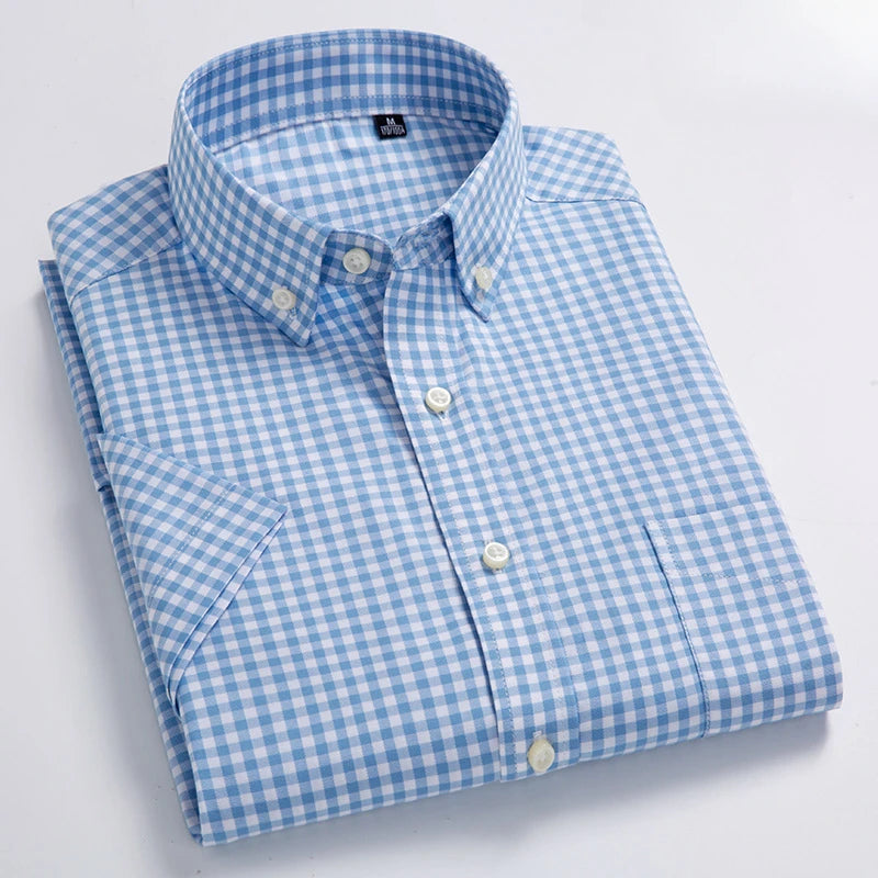 Men's Slim Fit Plaid Shirt | Short Sleeve Blue Size M Cotton 2