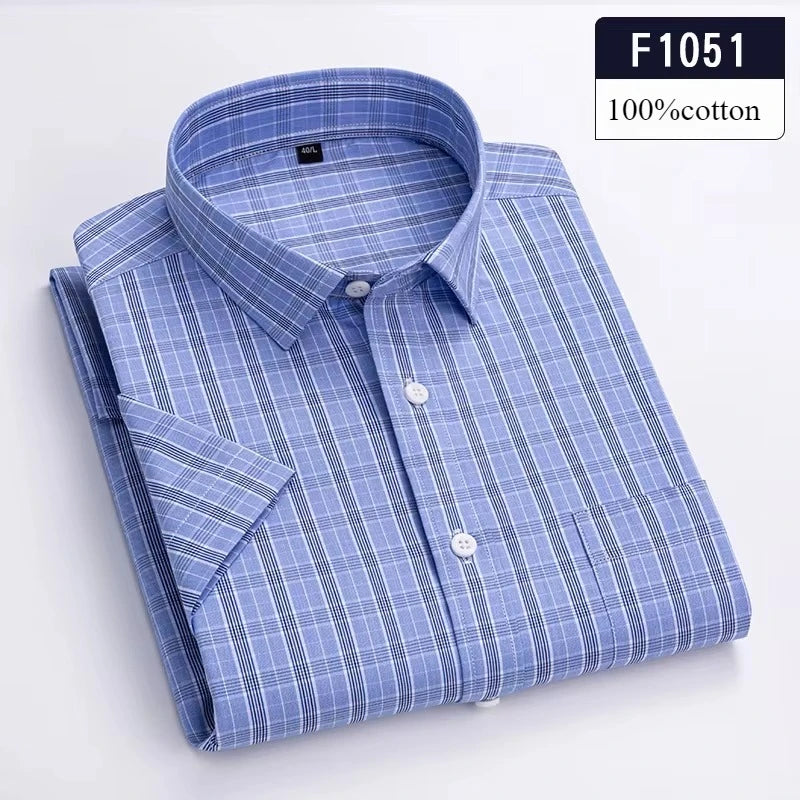 Men's Slim Fit Plaid Shirt | Short Sleeve Blue Size M Cotton 20