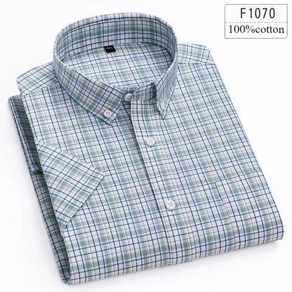 Men's Slim Fit Plaid Shirt | Short Sleeve Blue Size M Cotton 21