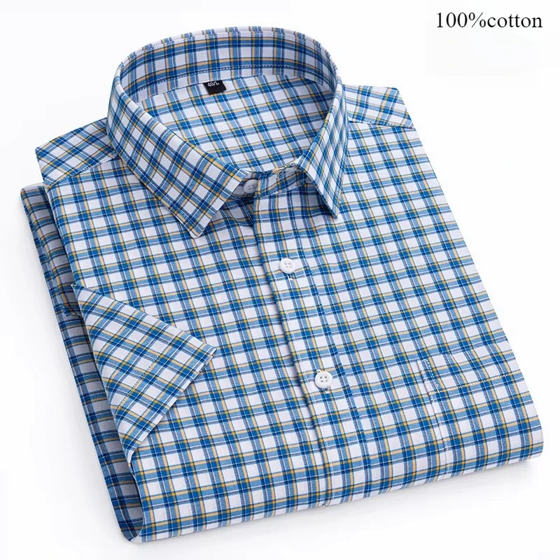 Men's Slim Fit Plaid Shirt | Short Sleeve Blue Size M Cotton 23