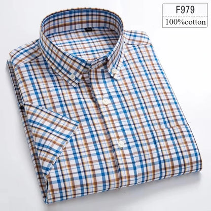 Men's Slim Fit Plaid Shirt | Short Sleeve Blue Size M Cotton 7