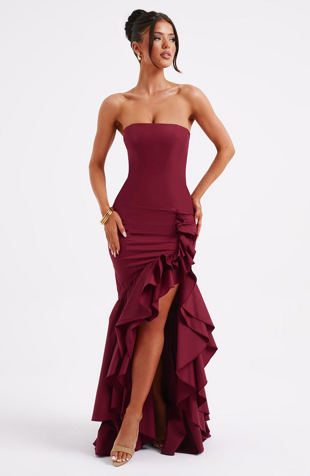 Modern Angelina Long Strapless Dress with Ruffled Slit 0