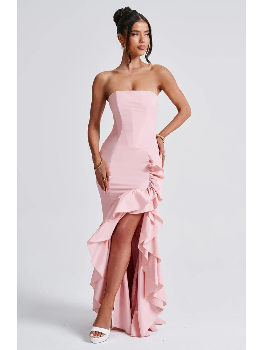Modern Angelina Long Strapless Dress with Ruffled Slit 1