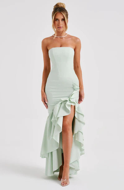 Modern Angelina Long Strapless Dress with Ruffled Slit 11