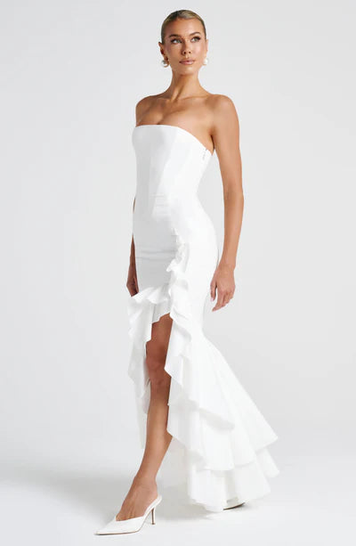 Modern Angelina Long Strapless Dress with Ruffled Slit 12