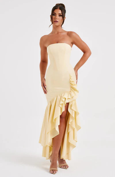 Modern Angelina Long Strapless Dress with Ruffled Slit 14
