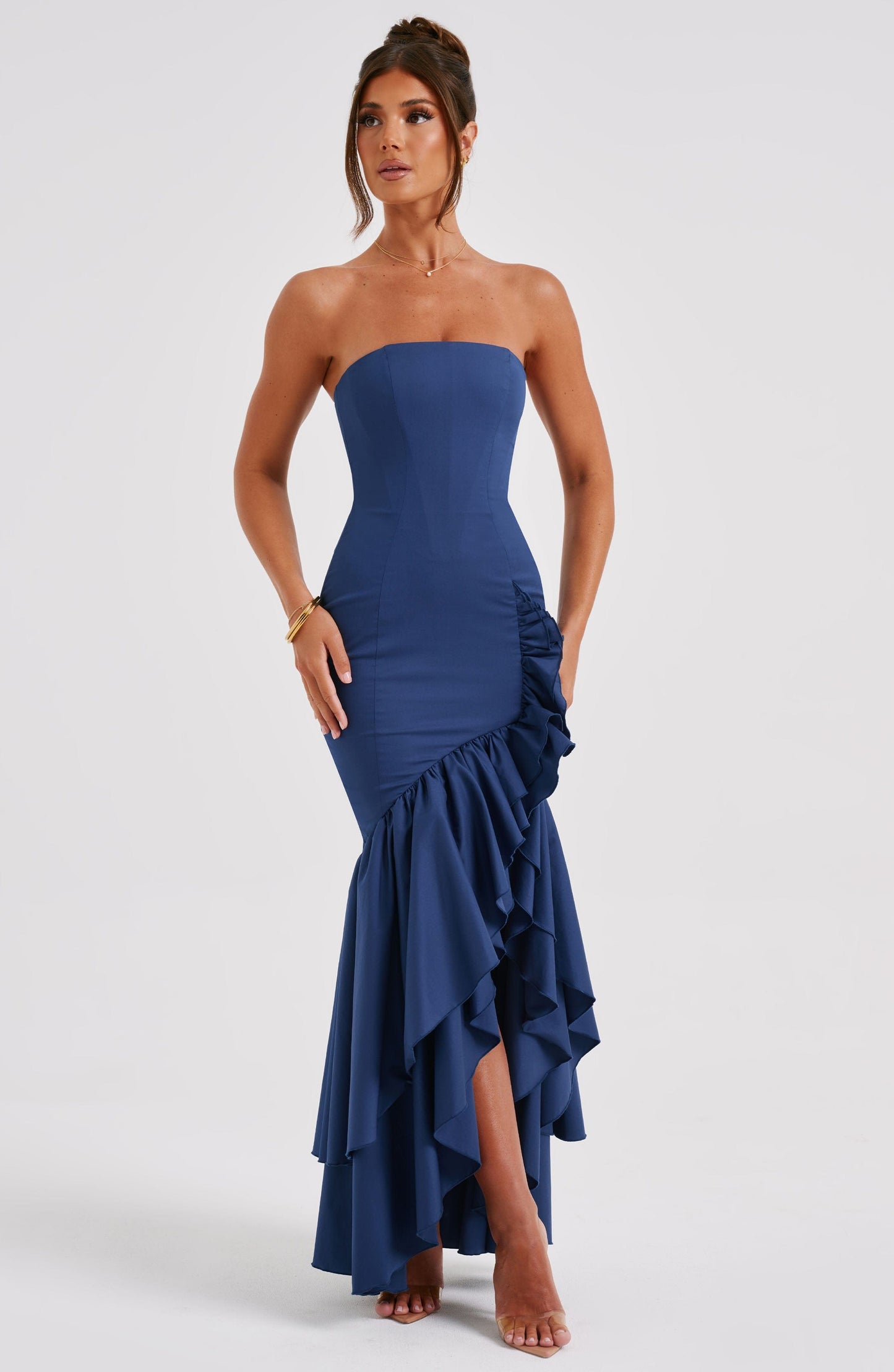 Modern Angelina Long Strapless Dress with Ruffled Slit 4