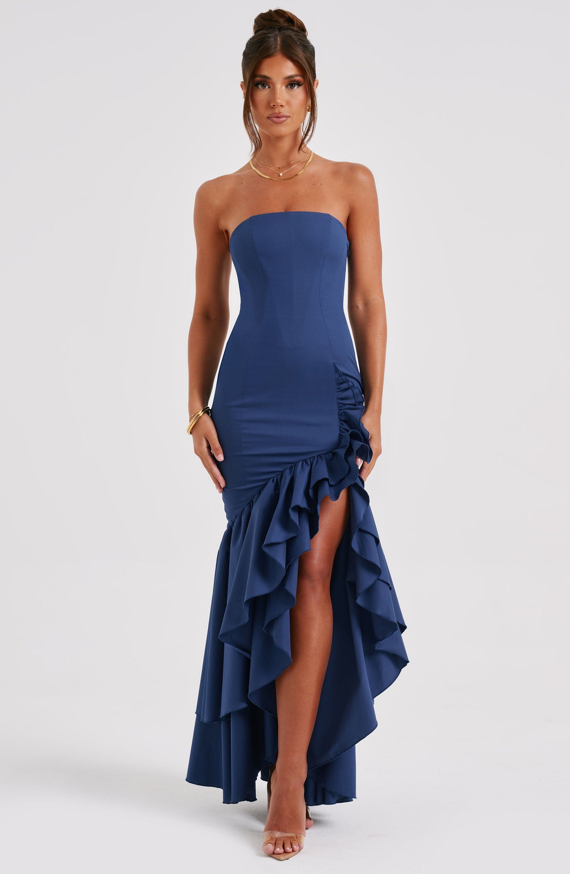 Modern Angelina Long Strapless Dress with Ruffled Slit 6