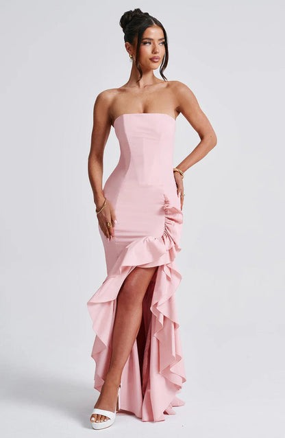Modern Angelina Long Strapless Dress with Ruffled Slit 9