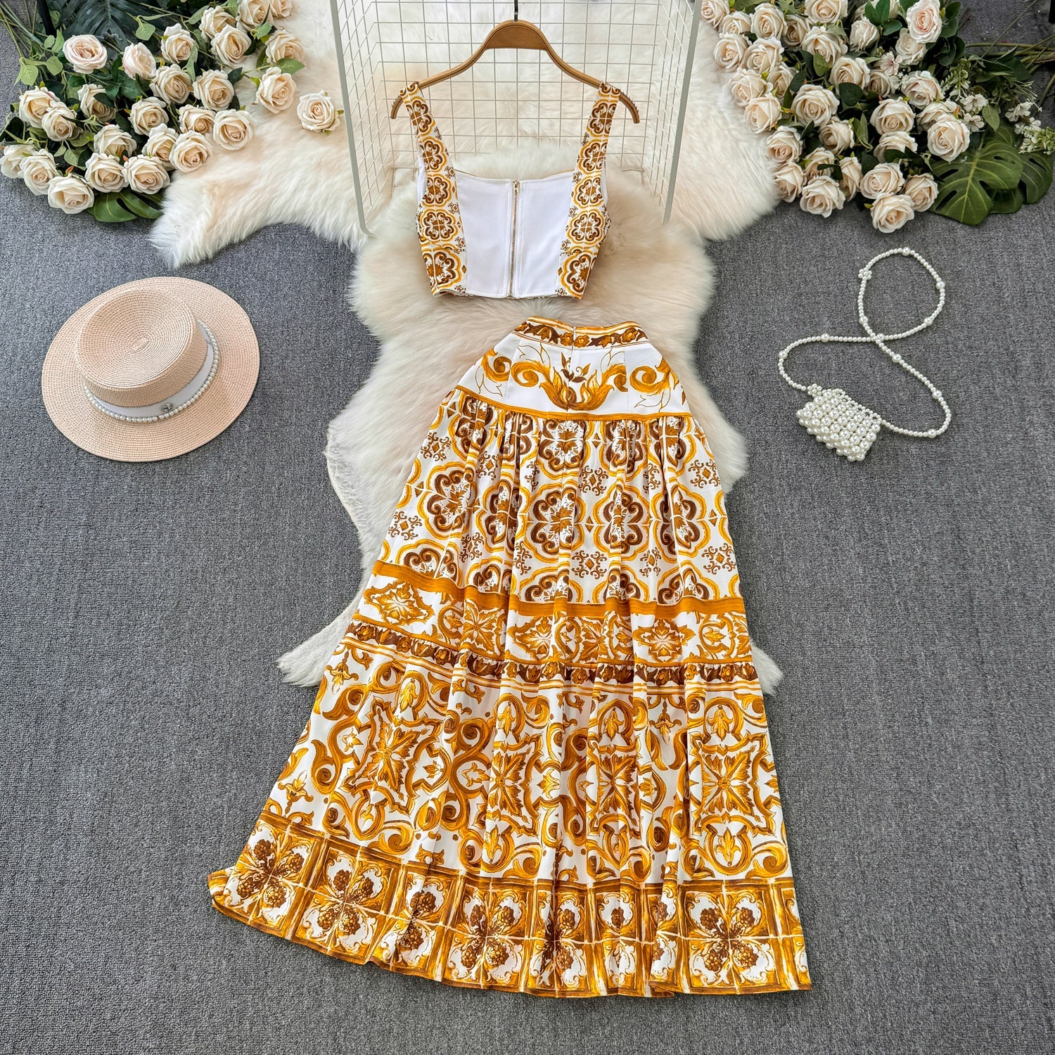 Modern Greece Cropped Top and Skirt Set | Women's Summer Outfit 1