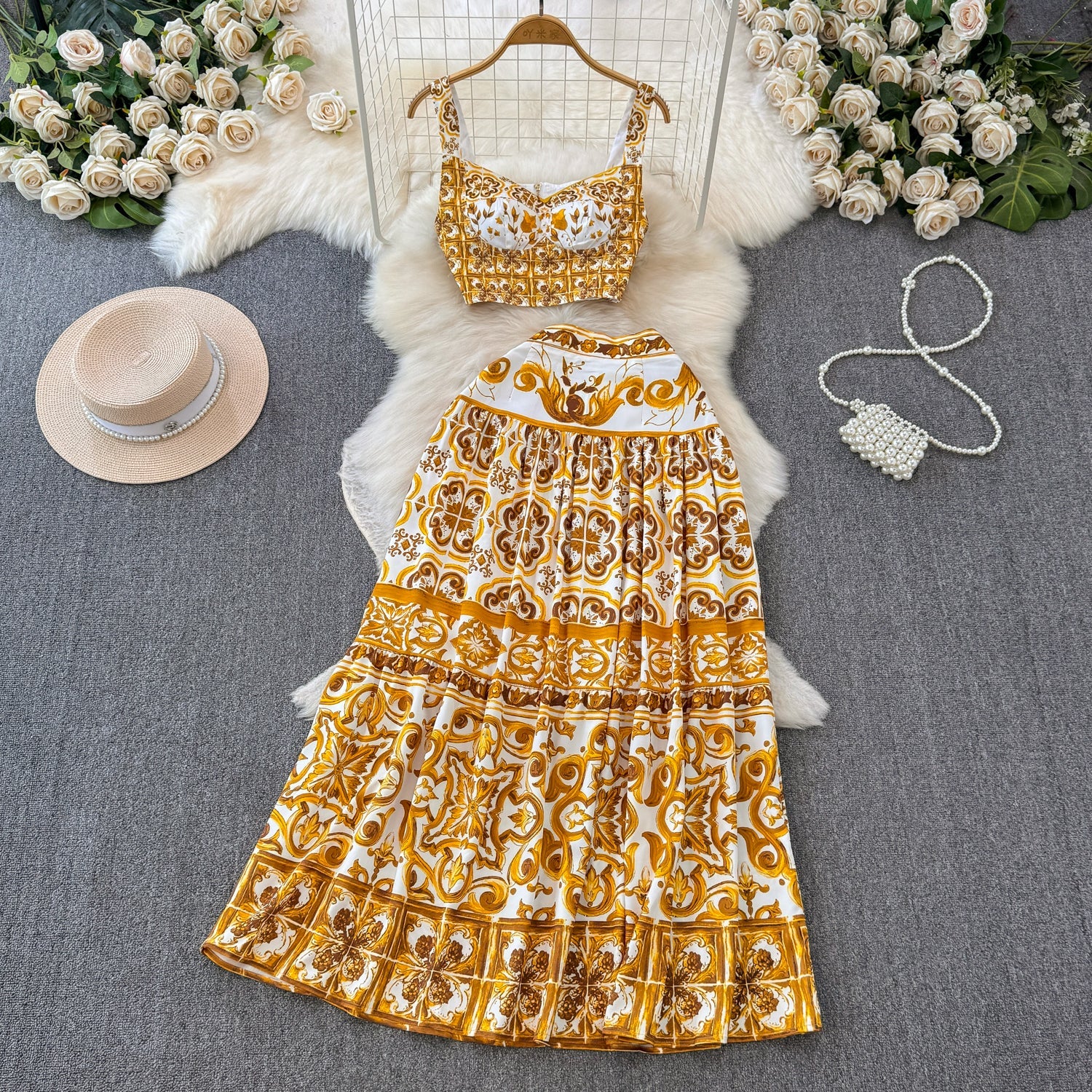 Modern Greece Cropped Top and Skirt Set | Women's Summer Outfit 2