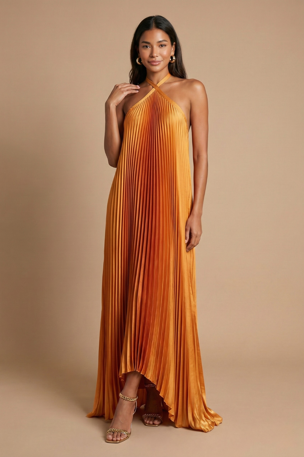 Open Back Halter Pleated Maxi Dress | Women's Evening Dress 0