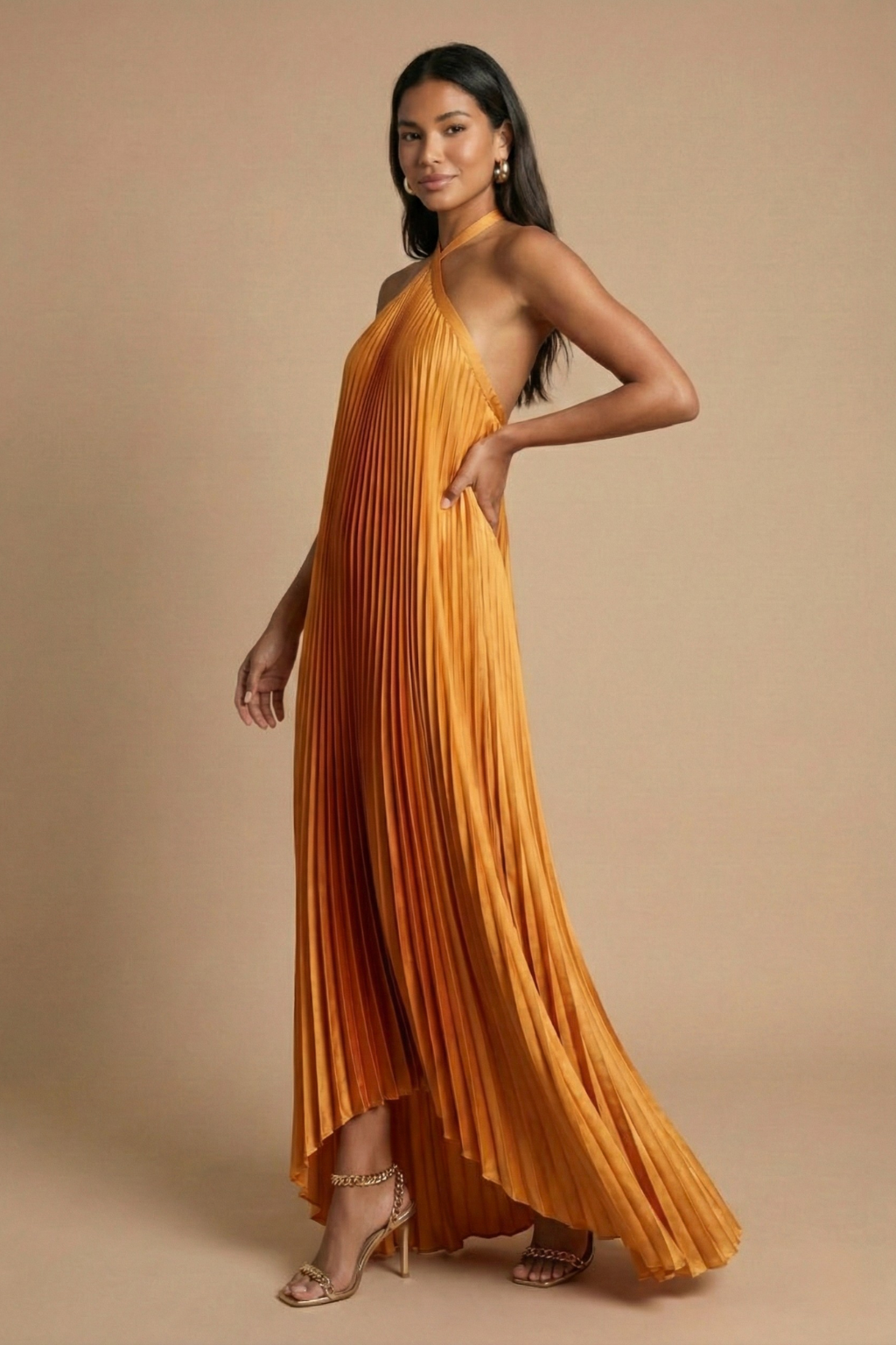 Open Back Halter Pleated Maxi Dress | Women's Evening Dress 1