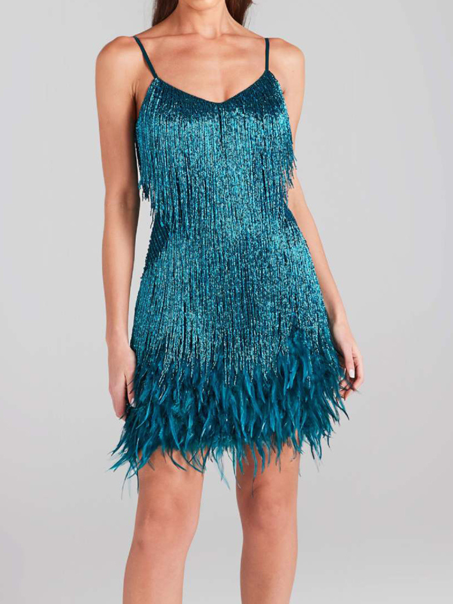 Sequin Fringe Evening Dress with Feather Details | Evening Wear Dresses 8