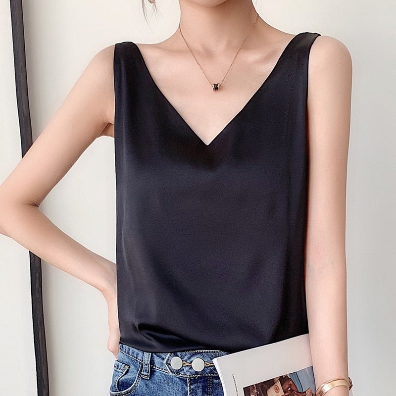 Silk V-Neck Women's Tank Top | Sleeveless Loose Fit 0
