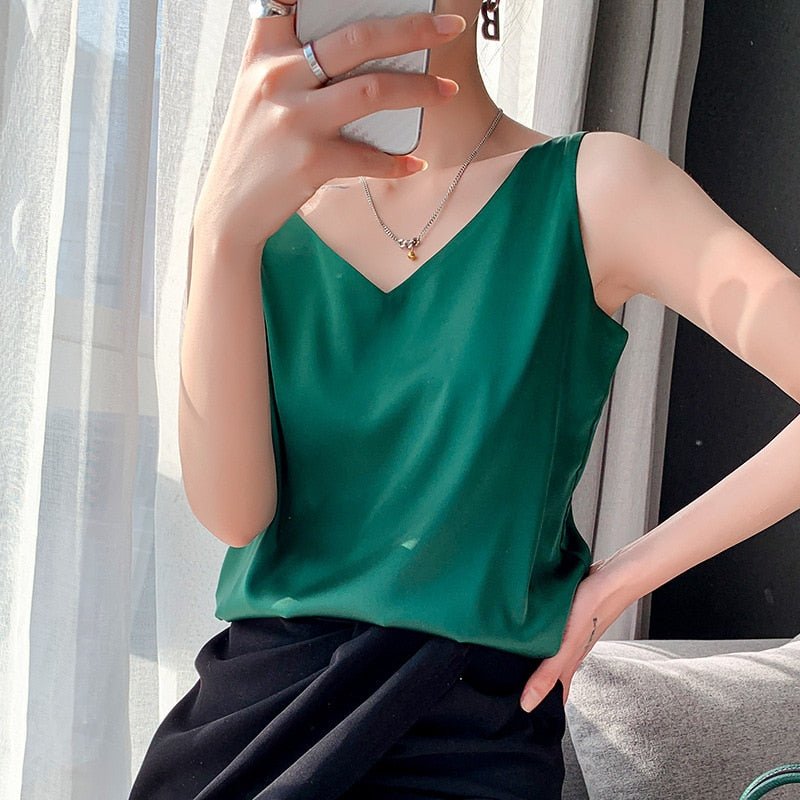 Silk V-Neck Women's Tank Top | Sleeveless Loose Fit 1