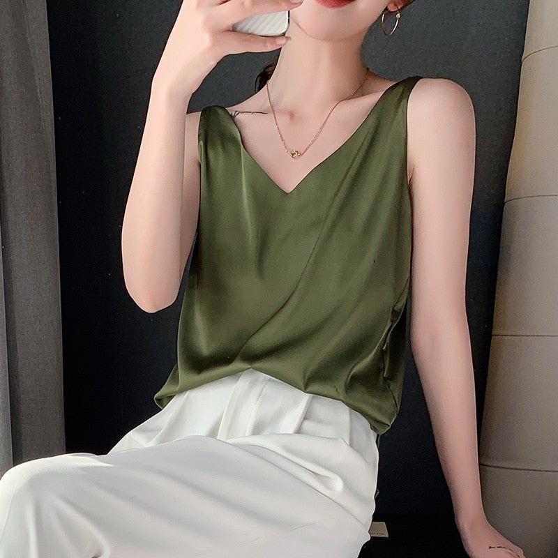 Silk V-Neck Women's Tank Top | Sleeveless Loose Fit 2
