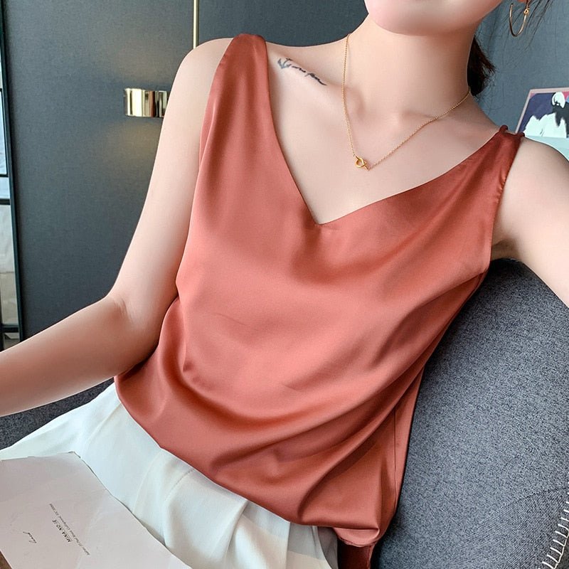 Silk V-Neck Women's Tank Top | Sleeveless Loose Fit 3