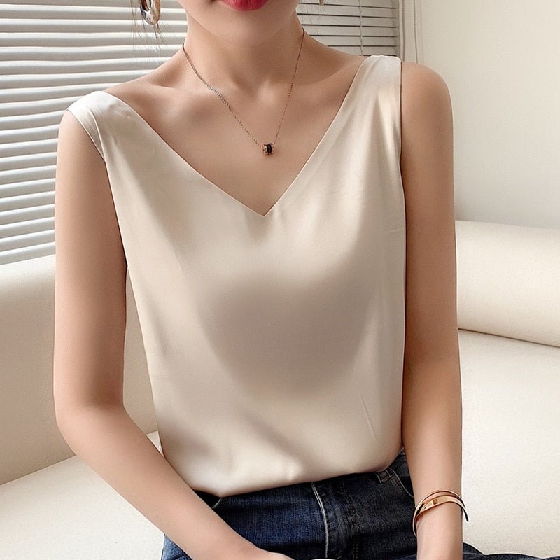 Silk V-Neck Women's Tank Top | Sleeveless Loose Fit 6