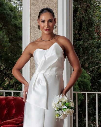 Strapless Zibeline Midi Dress | Elegant Formal Dress in White 1