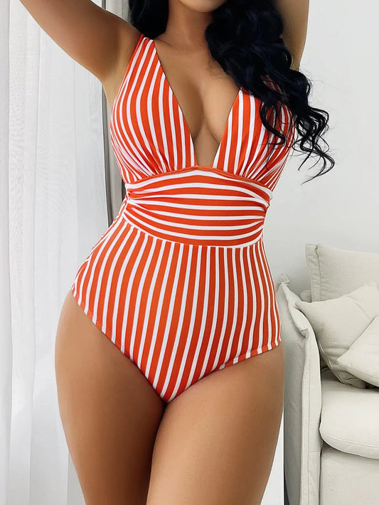 Striped V-Neck One-Piece Swimsuit | Women's Swimwear 0
