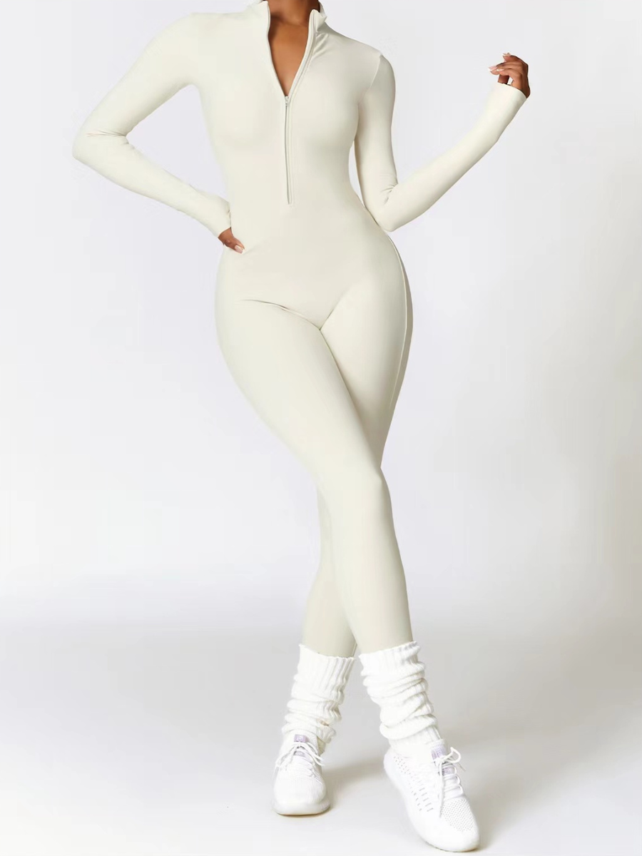 Waffle Long Sleeve Zipper Jumpsuit | Women's Fashion Outfit 1