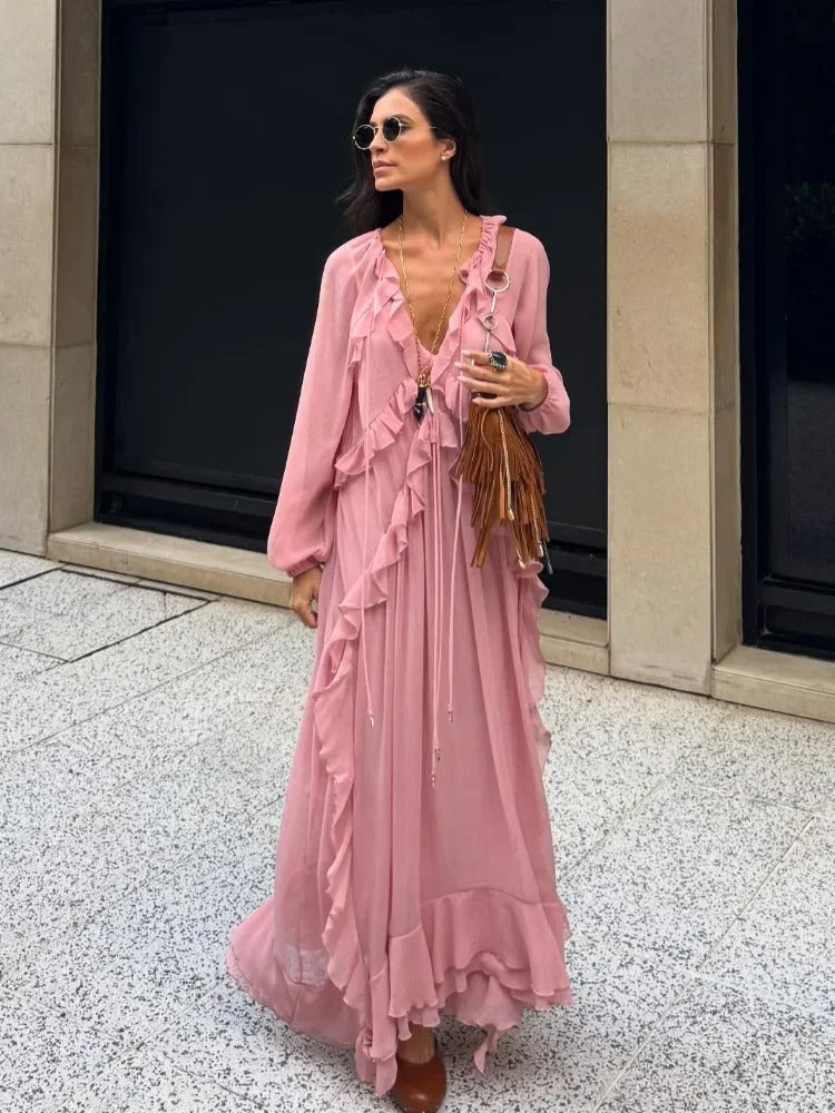 Women's Boho Maxi Dress Pink Size M Lightweight Pleated Fabric 0