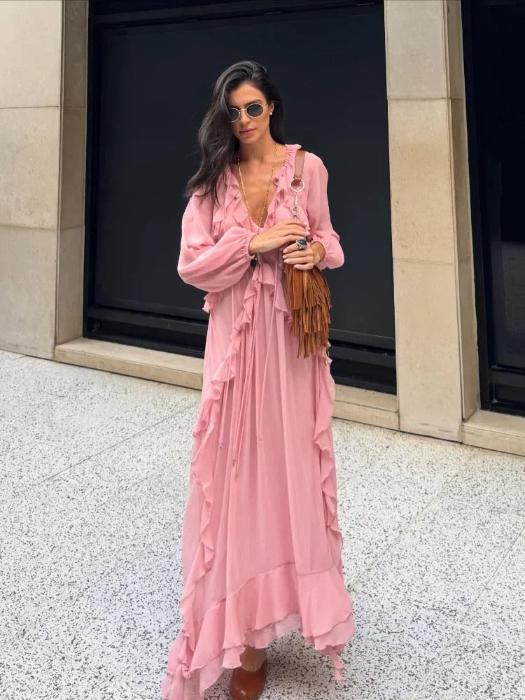 Women's Boho Maxi Dress Pink Size M Lightweight Pleated Fabric 1