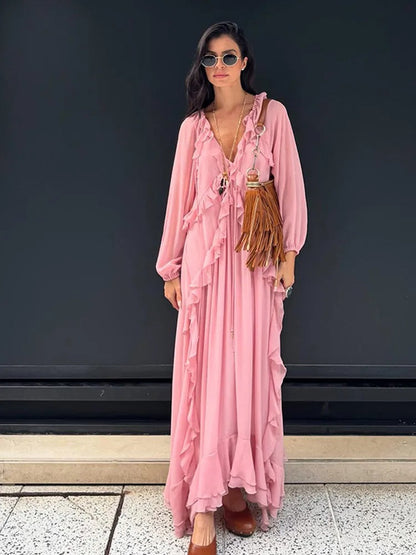 Women's Boho Maxi Dress Pink Size M Lightweight Pleated Fabric 2